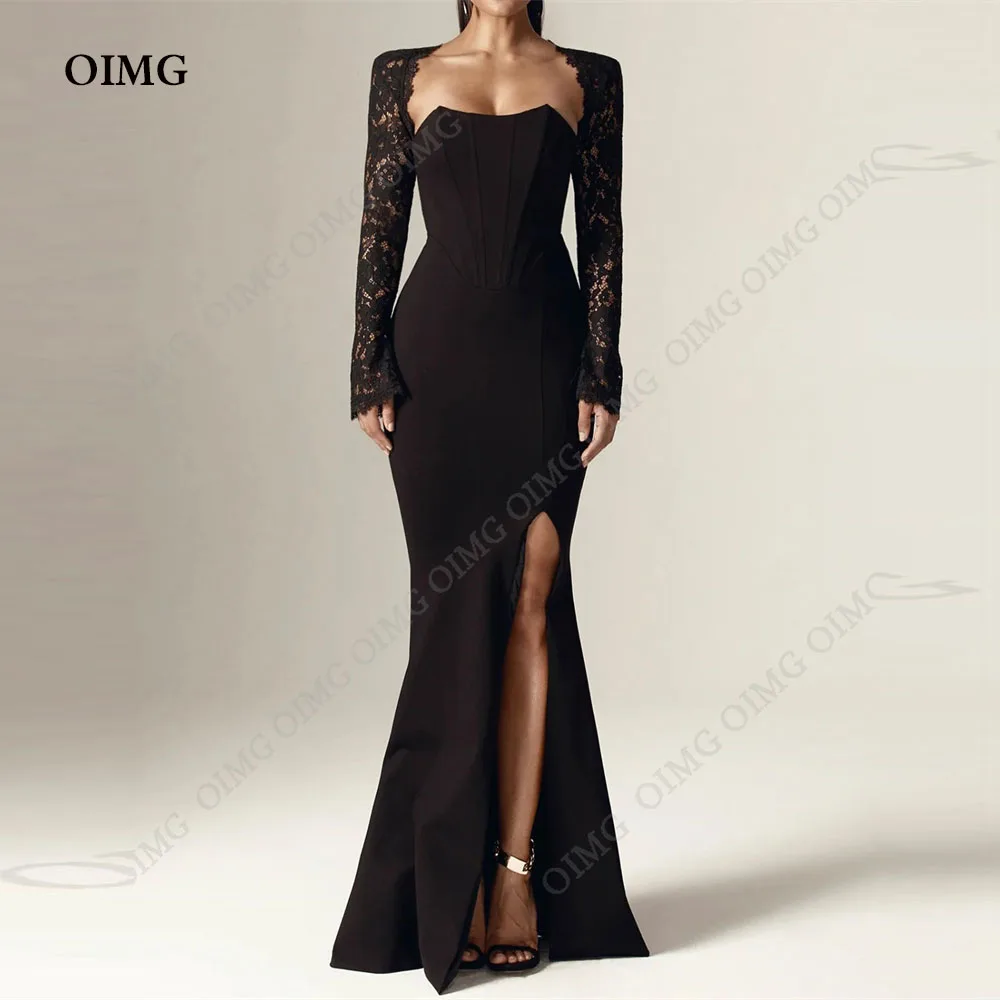 

OIMG 2024 Mermaid Side Slit Prom Dresses Black Lace Strapless Party Evening Dresses Satin Formal Occasion Dress Dinner Gowns