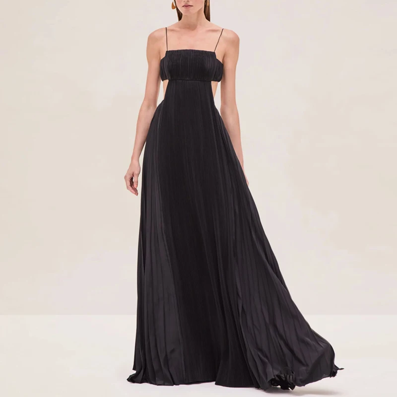 Sexy High Waist Hollow Sling Womens Dress Fashion Boho Pleated A-Line Maxi Dresses Vacation Sleeveless Backless Solid Prom Dress