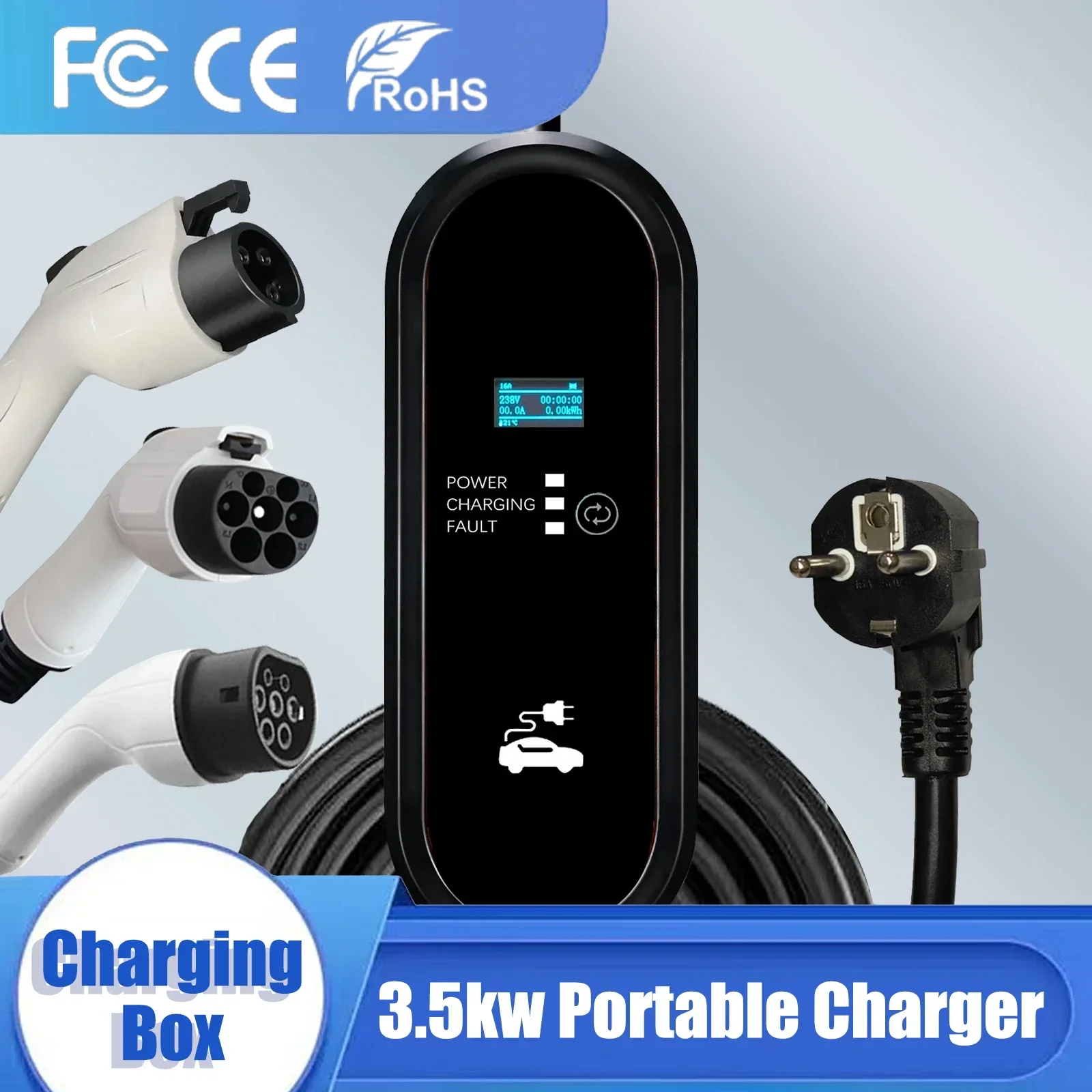 3.5KW Portable EV Charger Type2 IEC62196 EVSE Charging Cable G/BT Type1 SAE J1772 Controller Wallbox for Electric Car