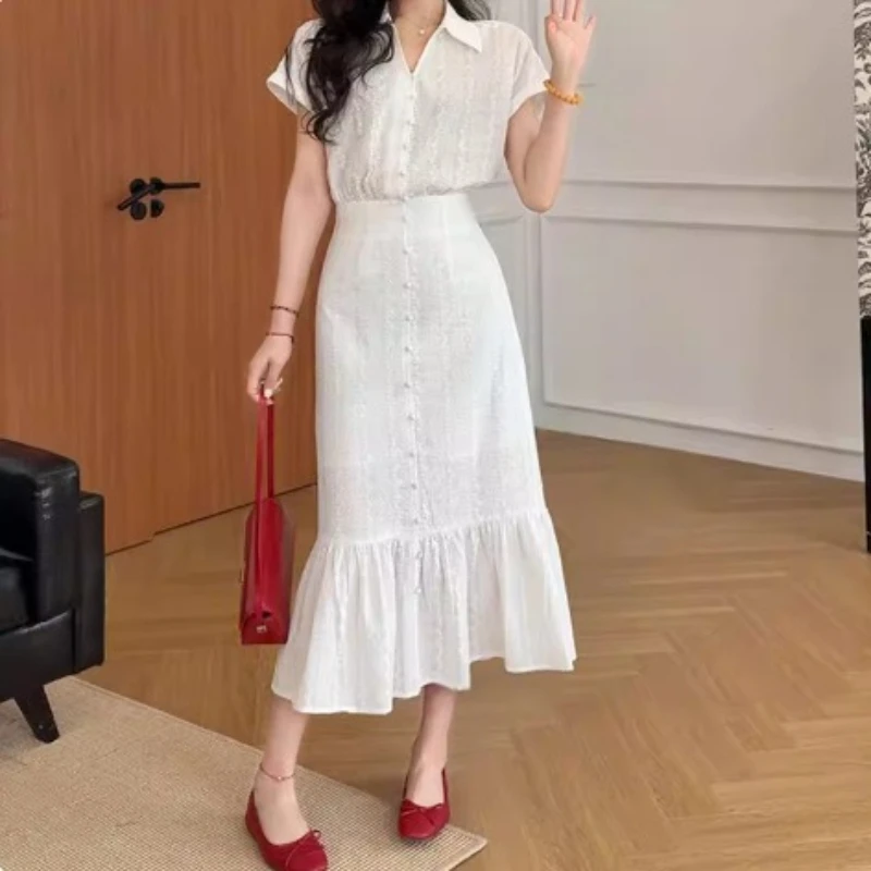 

2026 Summer Fashionable Temperament Elegant Long Dress for Women Navy Blue Three-dimensional Jacquard French Waist Cinched Dress
