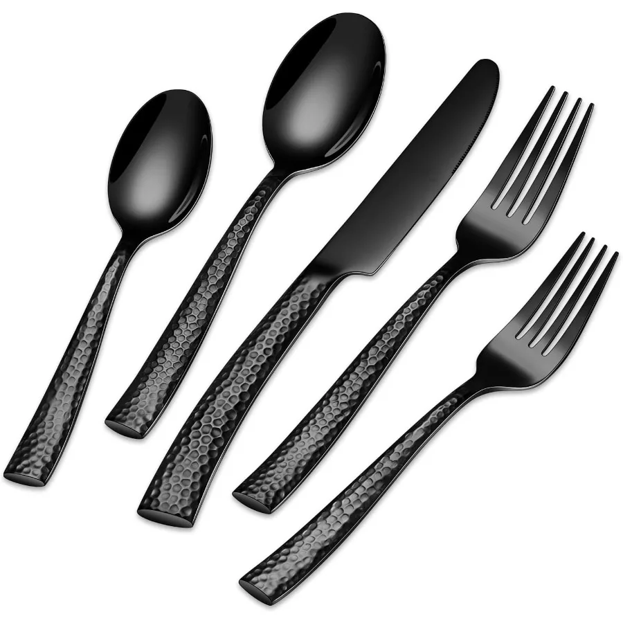 

40-Piece Black Hammered Silverware Set, Stainless Steel Black Flatware for 8, Mirror Polished Tableware Cutlery Set for Home and