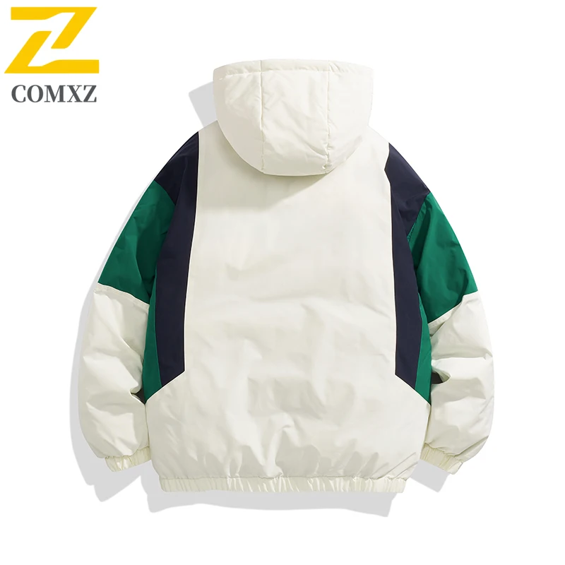 COMXZ Winter Padded Jacket 2025 New Luxury Hooded Outdoor Travel Cold Proof Coat Mens Fashion Splicing Daily Warm Outerwear