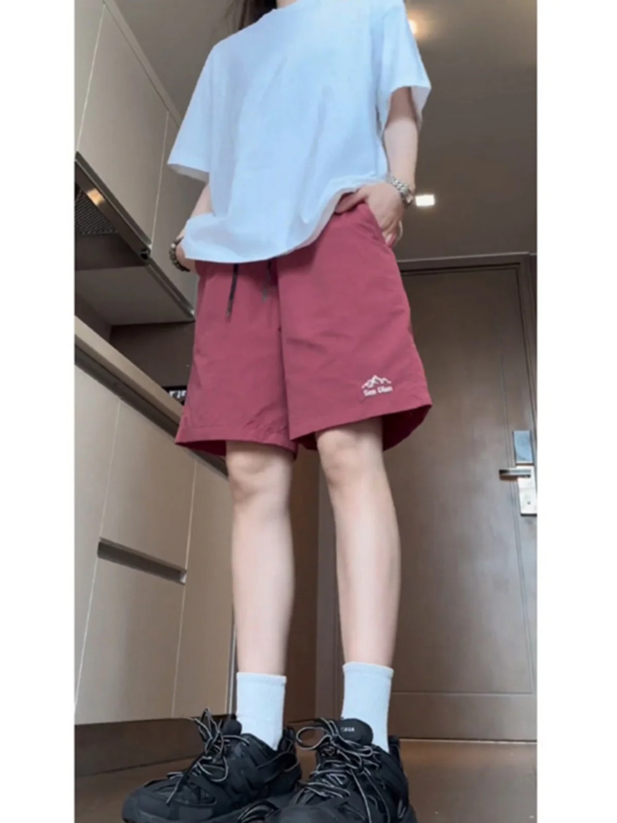 

American Sle Men's Spor Red ort Pants Summer Thin Ice Silk Oversize Qui Dry Nylon Five-Quarter Length Casual Trousers