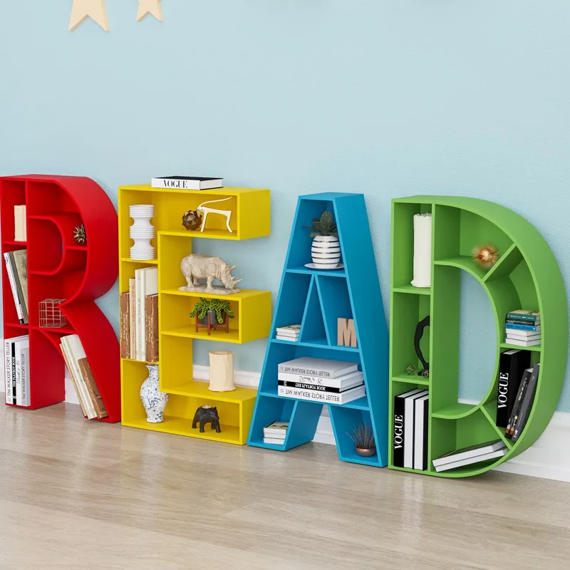 Children's bookshelf, creative art, alphabet, English number, decorative shelves, wall-mounted floor-to-ceiling bookcases, displ