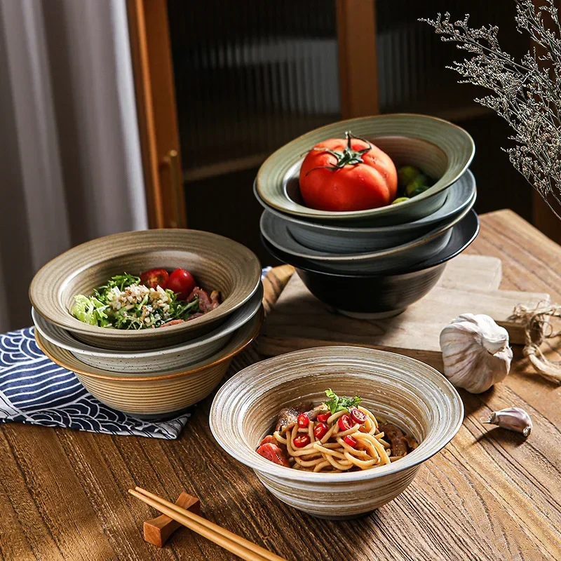 Retro Japanese Handmade Coarse Pottery Threaded Straw Hat Bowl Creative Ceramic Tableware Pasta Salad Plate Home Soup Plate