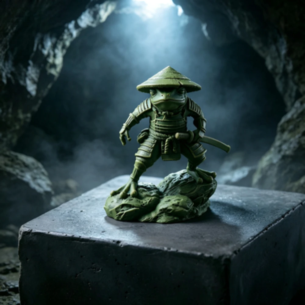 3D Samurai Frog Statue with Retro Bamboo Hat Armor Japanese Warrior Frog Desktop Figurine Study Tea Table Entryway Decorative