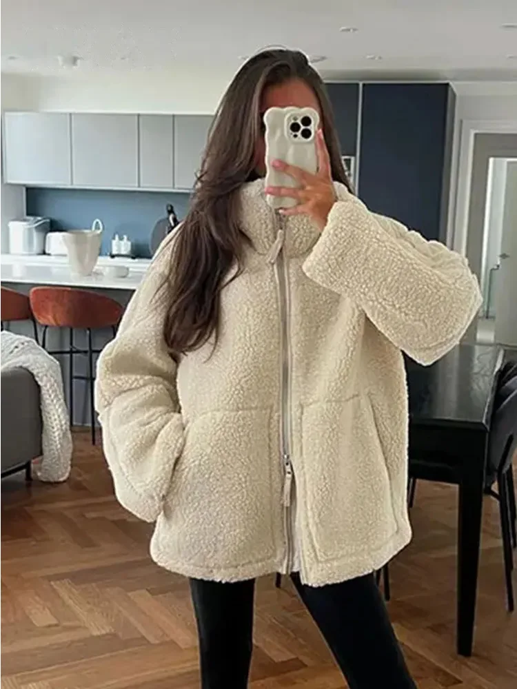 Za Women\'s Warm Lamb Wool Coat Long Sleeve Stand Collar Pocket  Zipper Jacket Female Autumn Fashion Fleece Overcoat Streetwear