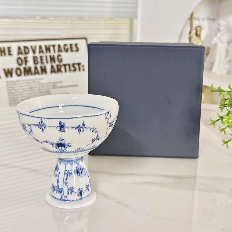 Chinese Blue And White Ceramic High-Footed Cup Retro Flower Ice Cream Cup Household Dessert Bowl Yogurt Bowl Gift Box