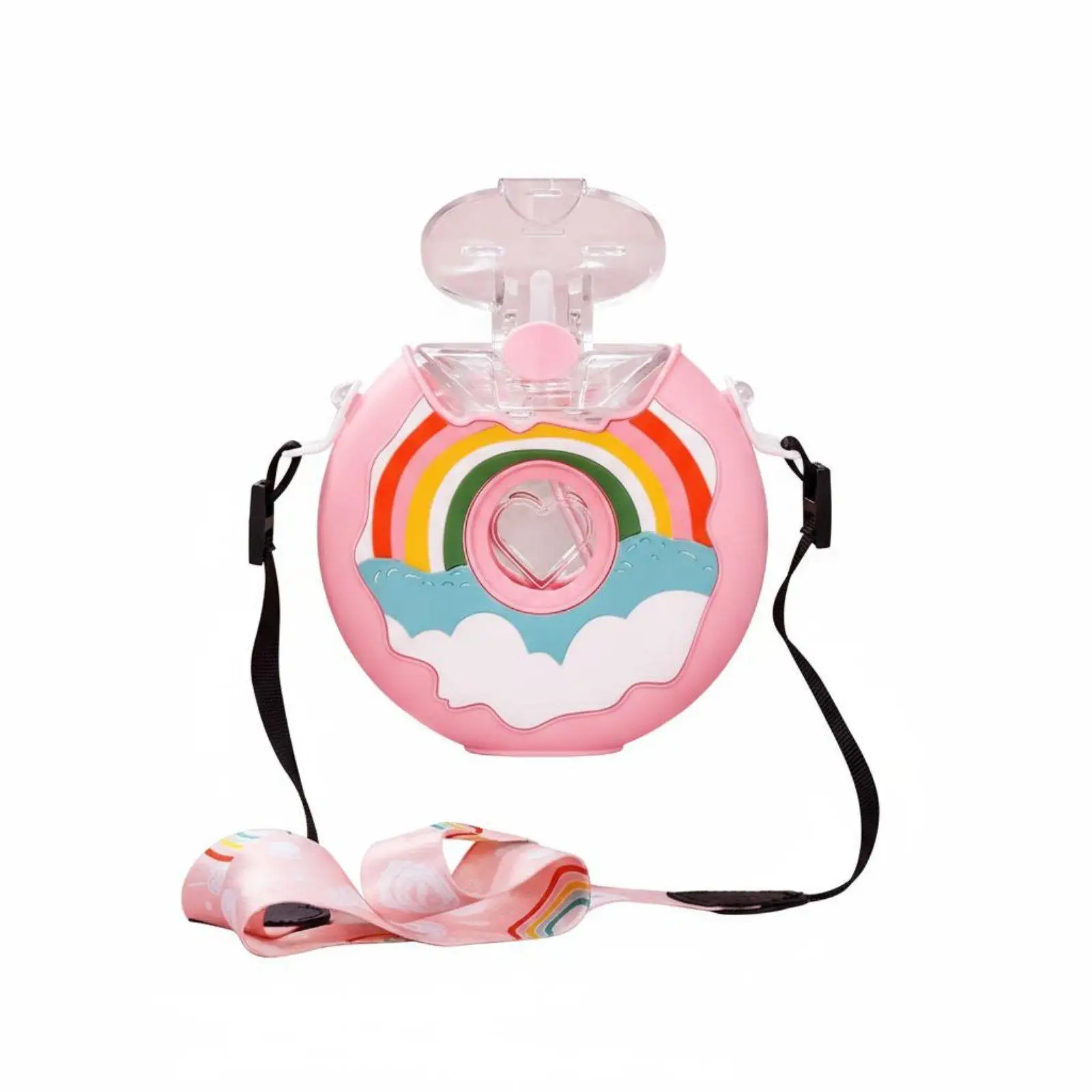 Donut Water Bottle Leak-Resistant Donut Shaped Sippy Cup Reusable Kids Bottle with Strap for Young Children, School, Travel,