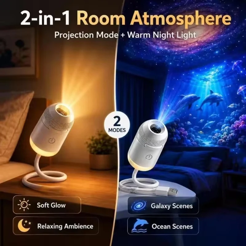 2-in-1 Starry Night Light Projector Hd Smart Dynamic 5d Holographic Plug and Play Hd Star Projector 360° Adjustable for Bedroom