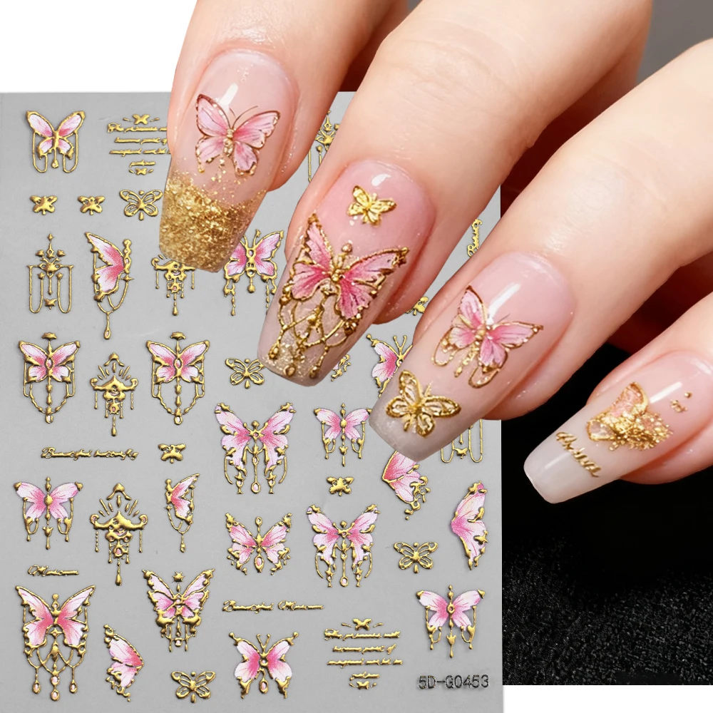 1Sheet 5D Exquisite Butterfly Nail Sticker Luxury Bronzing Pink Blue Butterfly Bow Nails Art Sliders 10*8cm Adhesive Nail Decals