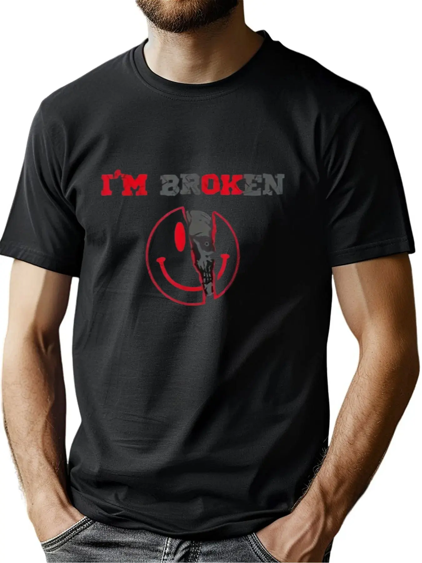 

Men's Soft Cotton T-Shirt With "I'm Broken" Print And Dual Face Design, Machine Washable Birthday Gift For Outdoor Activities