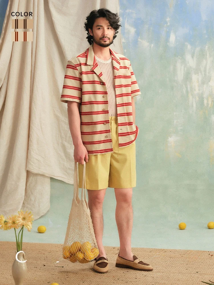 

CULTUM Italian Lazy Vaion Sle Knitted Cotton irt Cuba Collar Loose Fit ex Stripe Pattern Breathable Summer irt