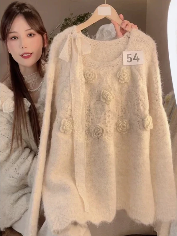 

Loose Women's Knitted Sweater round Ne Soft Wind Apricot Knot Design 3D Flower Korean Sle Slimming Top