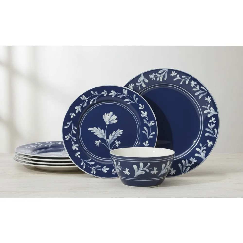 

Элегантный небесно-голубой набор столовой посуды из 12 предметов — тарелки и миски из веганского костяного фарфора с цветочным узором — 4 шт.