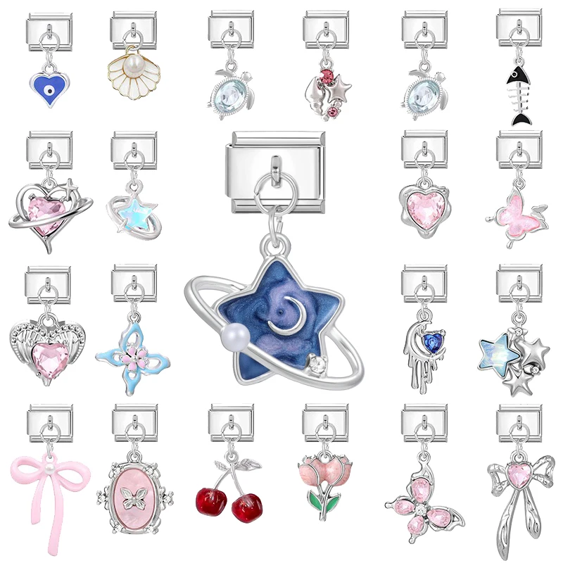 Wholesale Cute Y2K Planet Stars Moon Heart Turtle Pendant Italian Charm Link Stainless Steel Fit 9mm Bracelet DIY Making Jewerly