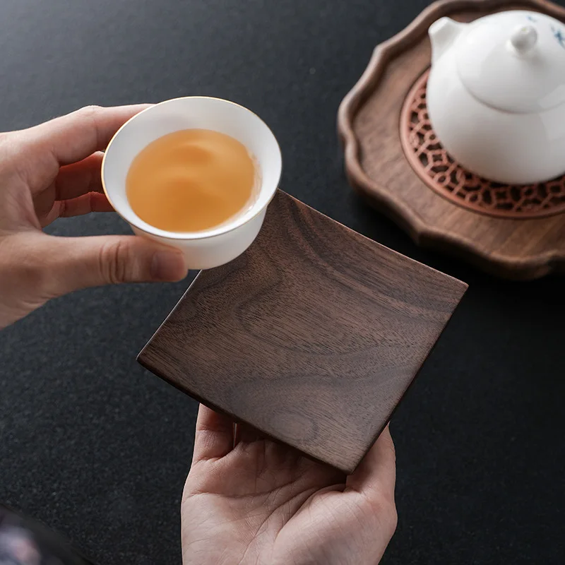 Solid Walnut Tea Coaster Set with Holder, Square Wood Trivets for Teacups/Coffee Cups, Heatproof Non-Slip Tea Tray
