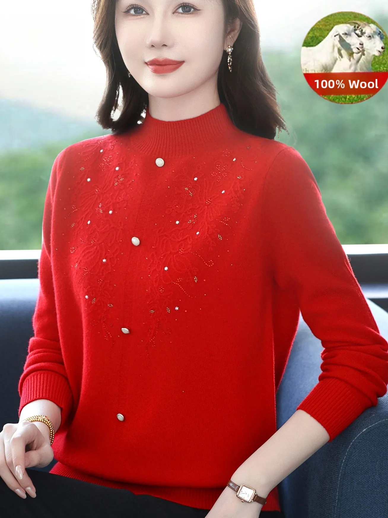 

Autumn Winter Women's 00 Pure Wool Knitted Base irt Mommy Sle Faion Red Sweater f High Collar Diamond Heat Treaent
