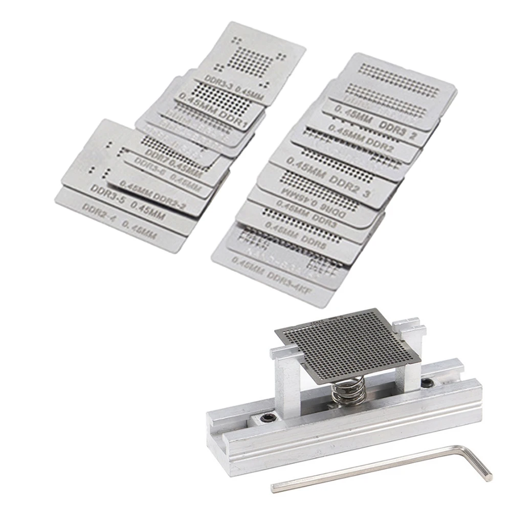 14/20pcs For BGA Memory- Steel Mesh Stencil Set With Direct Heating Aluminum Bracket For Reballing DDR And NAND Series Chips