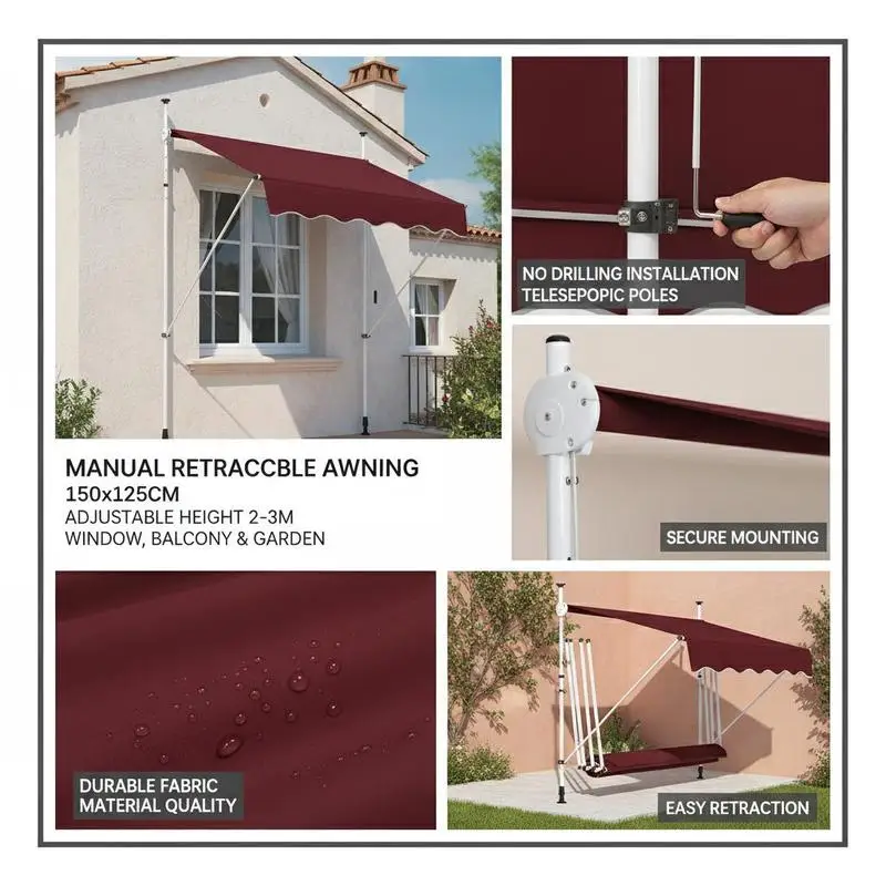 Picture 5: Manual Retractable Awning 150x125CM Adjustable Height 2-3M No Drilling Metal and Fabric for Window Balcony or Garden Red