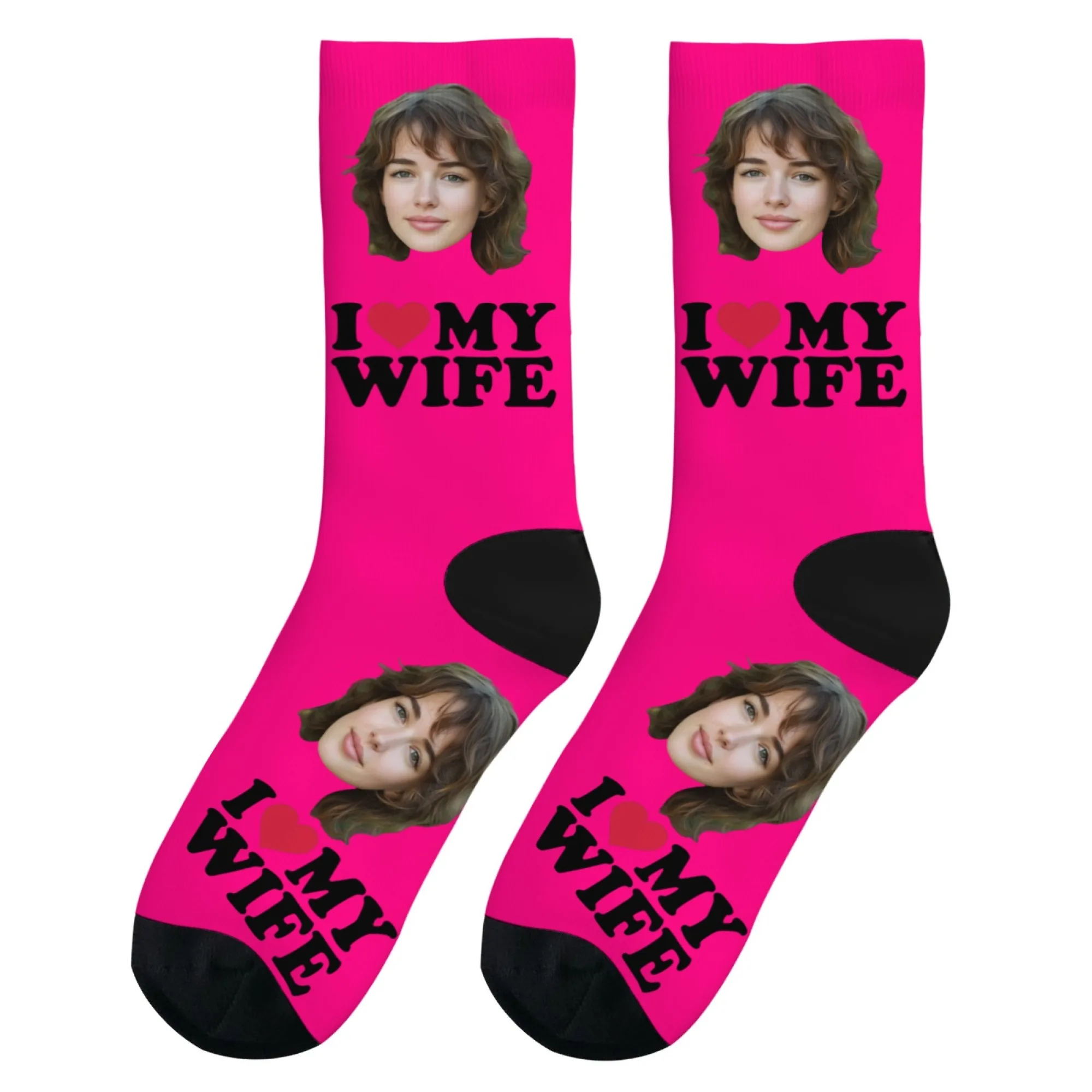 男性用カスタムフェイスソックス 愛の記念日「I Love MY WIFE」ダークピンクデザイン 恋人カップルのお祝いやギフトに最適
