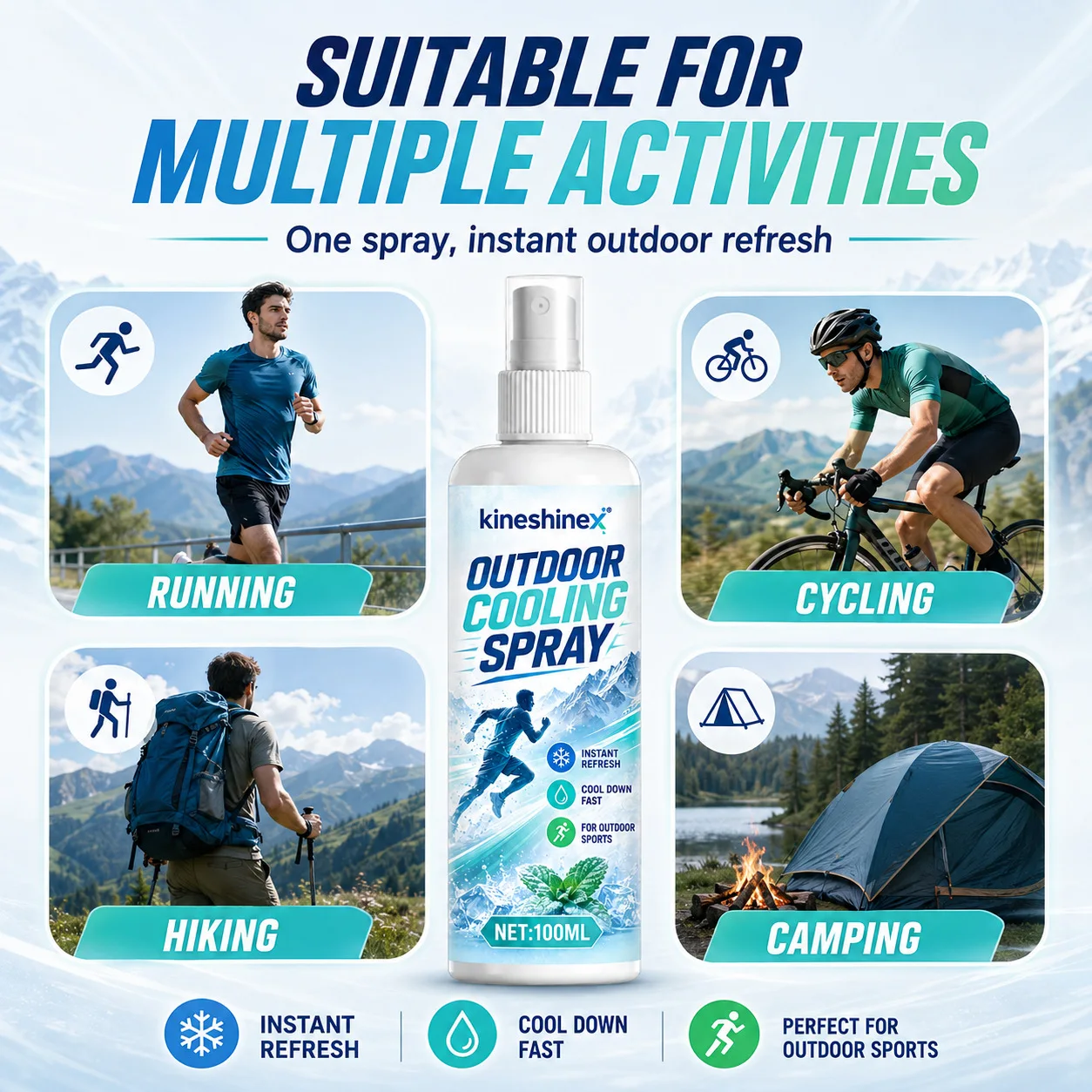 Outdoor Cooling Spray 100ml–Instant Refresh for Running,Cycling,Hiking,Camping,Fine Mist Cooling Mint Formula,Beat the Heat Fast