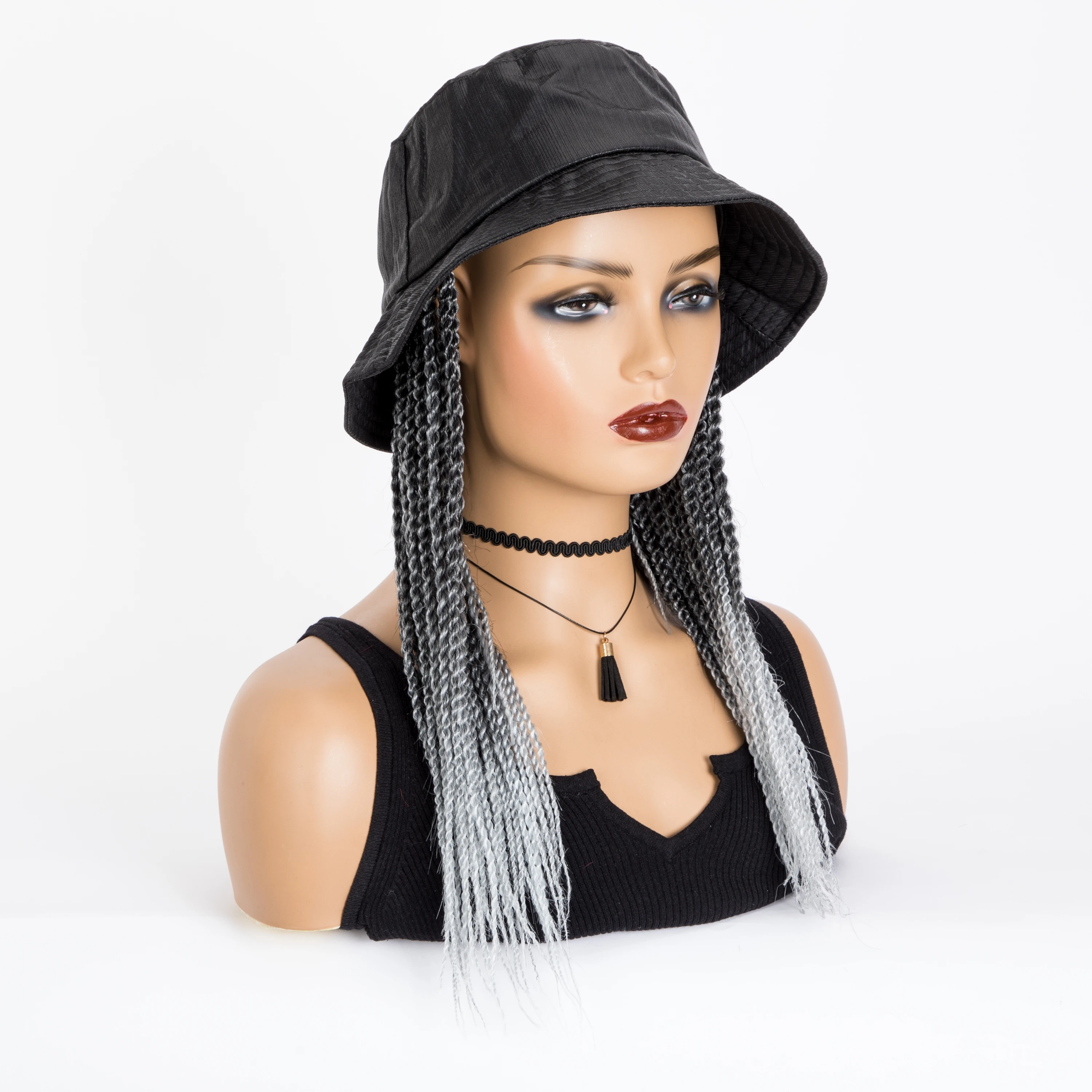 Ombre nero e argento 14 pollici grigio Senegalese Twist intrecciato estensioni dei capelli con cappello a secchiello parrucche berretto da Baseball per le donne