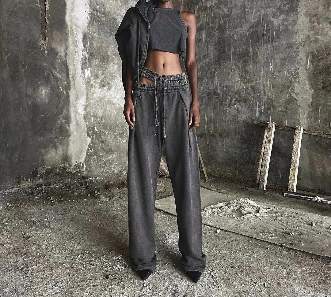 

Retro Double Waisted Drawstring Straight Leg Sweatpants for Women Summer Low Rise Hollowed out Casual Pants