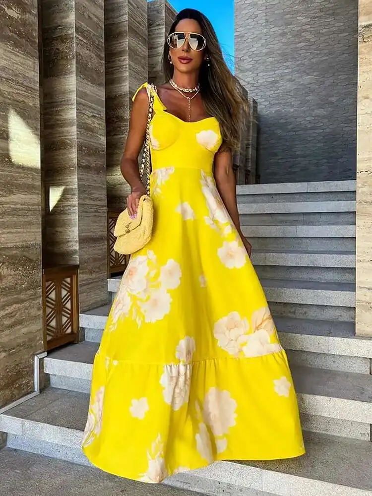 2025 Ral فساتين صفراء مطبوعة للنساء أنيقة بلا أكمام فستان طويل عطلة الدانتيل يصل رداء الصيف Bodycon Vestidos Feminino