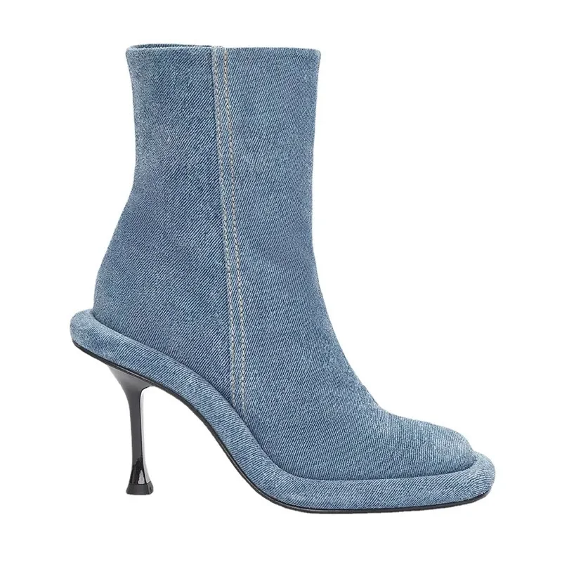 

Autumn Winter New Blue Denim Short Boots European American High Heel Thick Sole Round Toe Side Zipper Women's Shoes Size 35-43