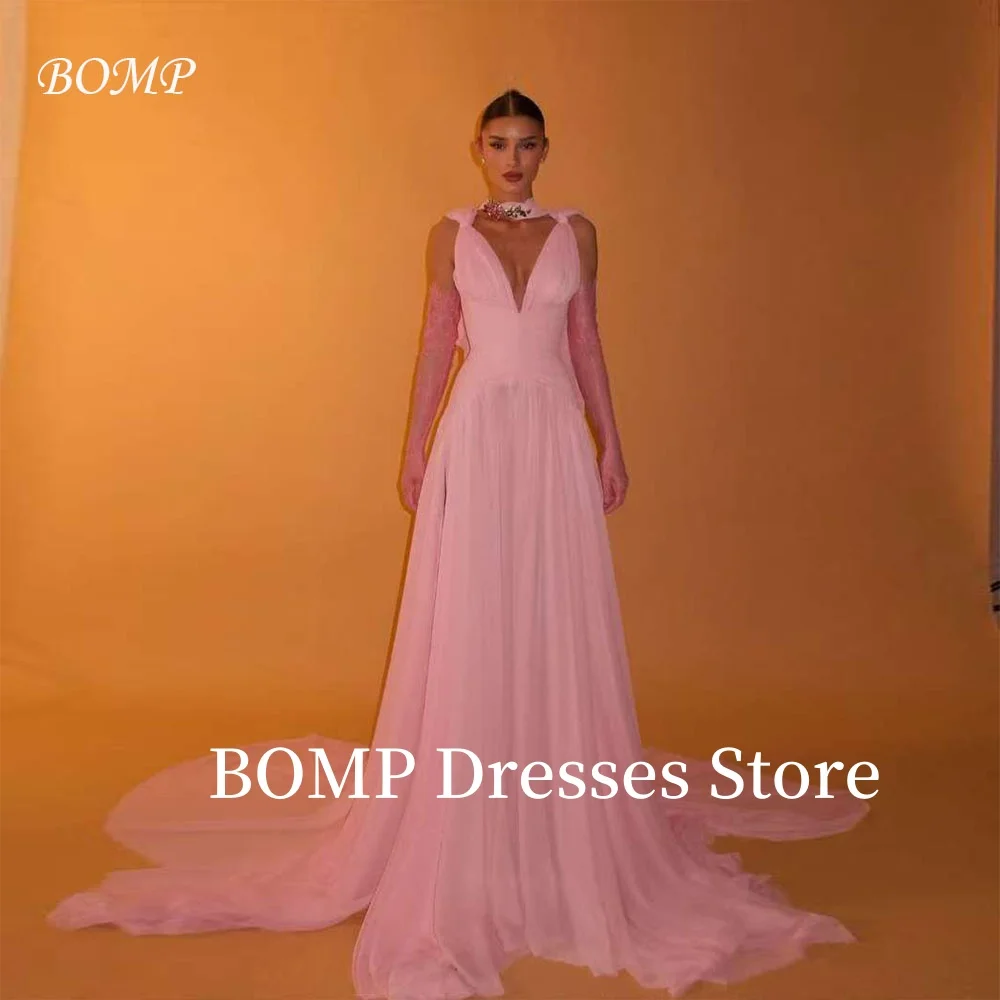 

BOMP Elegant Pink Evening Dress V-Neck Spaghetti Strap A-Line Tulle Drapled Sweep Train Formal Occasion Party Gown Customized