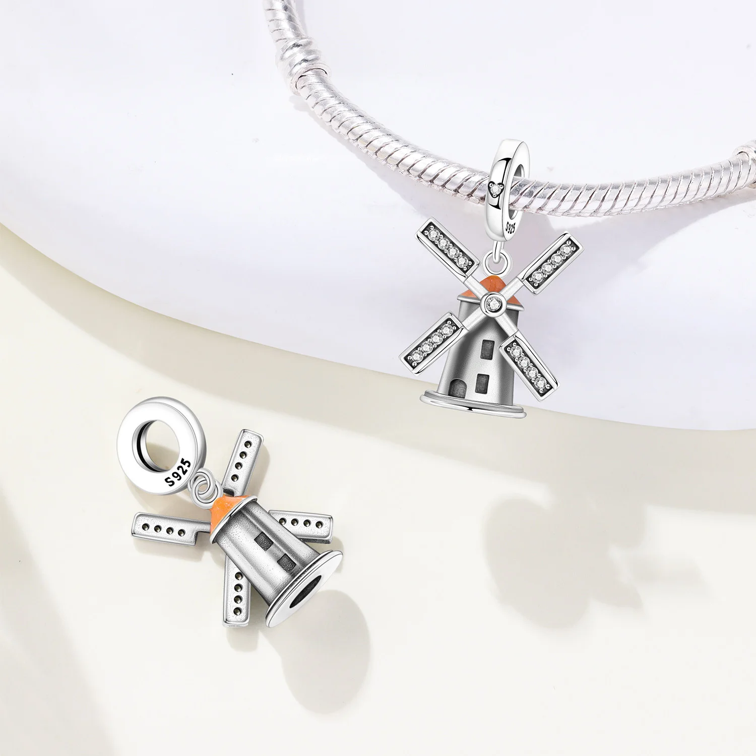 925 Sterling Silver Dutch Windmill Pendant Charm Beads Travel Vacation Lifestyle Design Fit for Bracelet Necklace DIY Jewelry