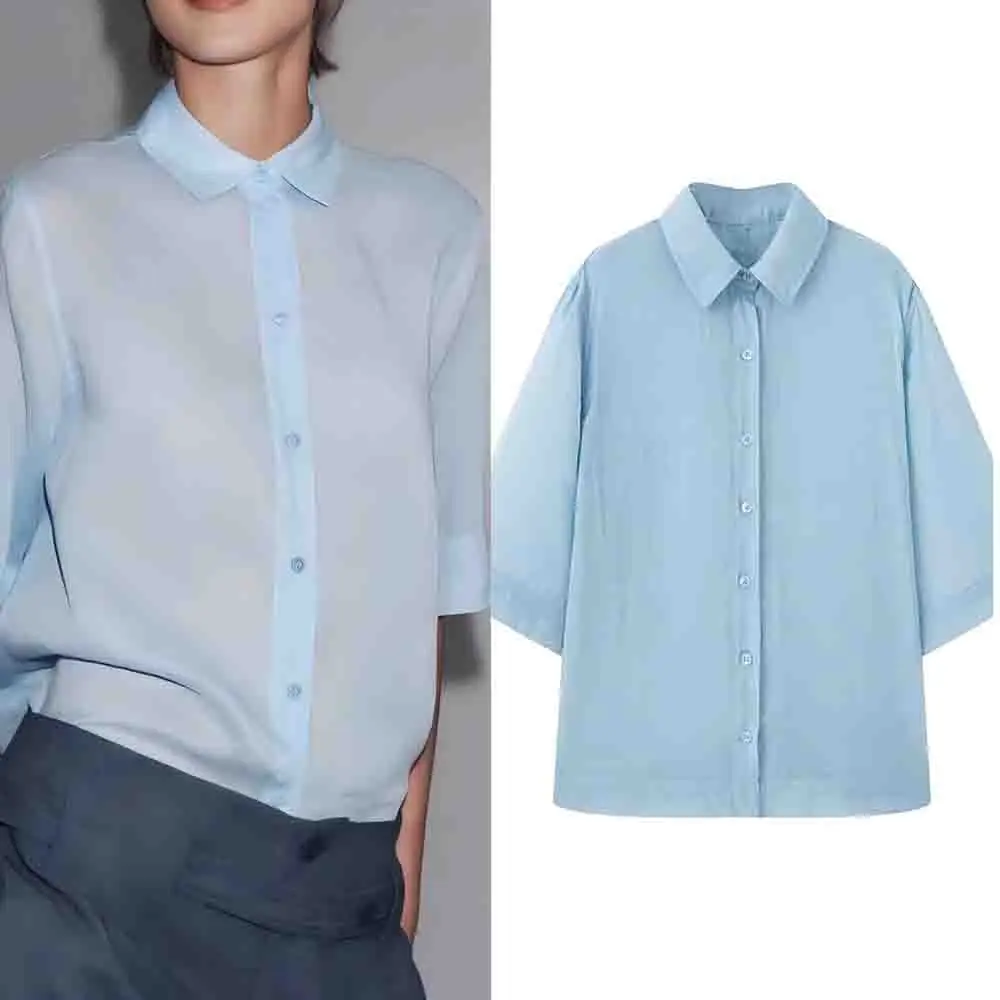 

Women's new fashion casual single breasted solid lapel shirt retro short sleeved women's shirt chic top