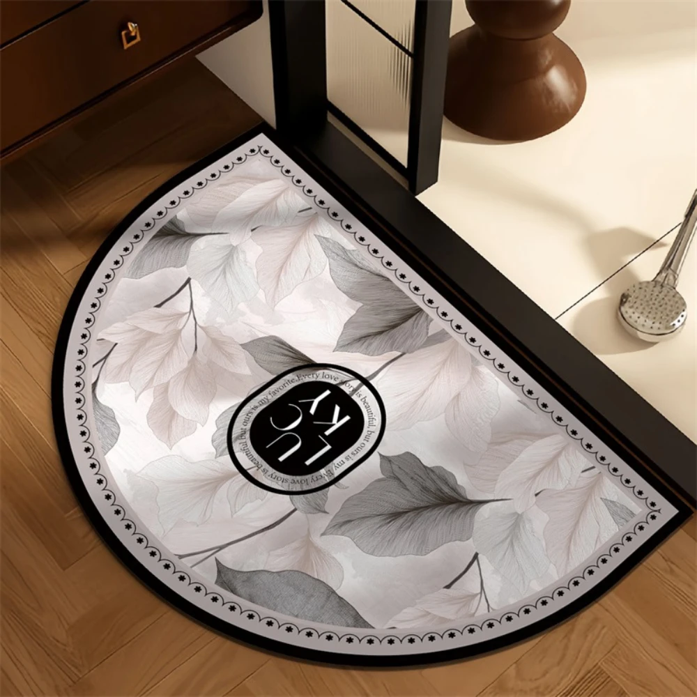 Home Bathroom Scene - Grey Sketch Leaf Monogram semicircle doormat