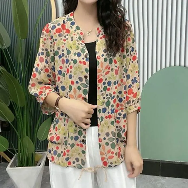 Casual 3/4 Sleeve Floral Printed Blouse Spring Summer Loose Stand Collar Vintage Drawstring Female Single-breasted Pockets Shirt