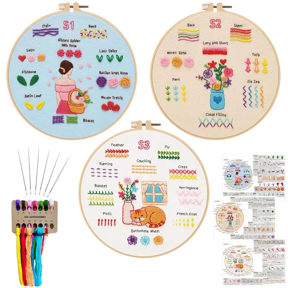 

3 Pack Embroidery Kit for Adults Beginners - Learn 28 Stitches Practice Samplers Starter Cross Stitch Kit DIY Needlepoint wi