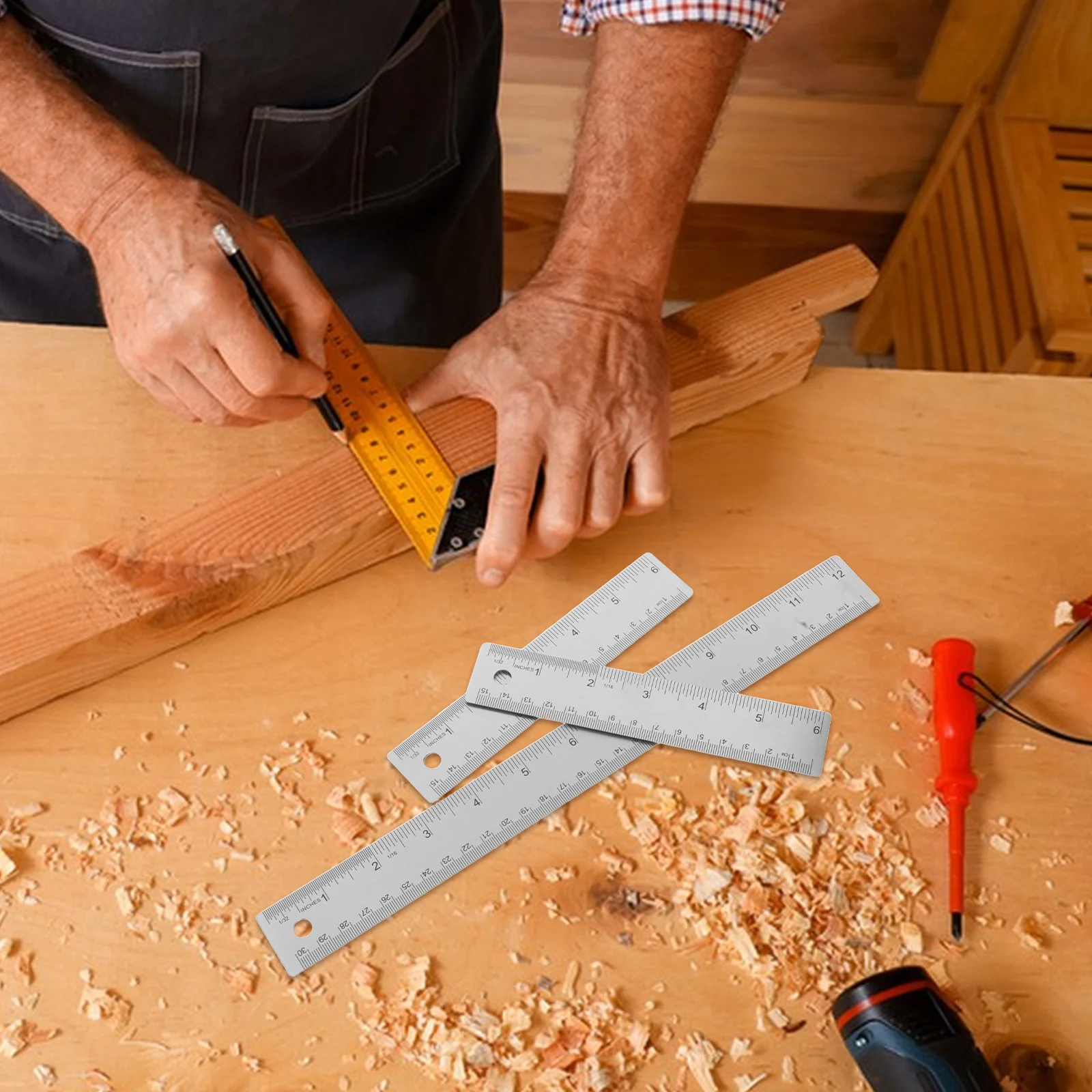 3Pcs Cork Back Stainless Steel Metal Ruler Non Slip Straight Edge Office Drafting Woodworking Engineering Inch Metric Scale