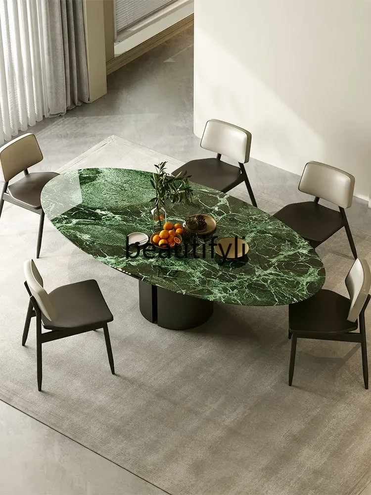 

Pure natural Prada green luxury stone dining table marble high-end French light luxury Italian oval dining table