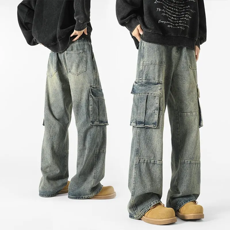 Autumn and Spring Fashion Solid Color American Vintage Multi-pocket Jeans for Men Loose Straight Leg Sports High Quality Pants