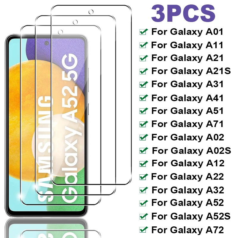 3PCS Tempered Glass For Samsung Galaxy A52 A72 A02S A12 A22 A32 5G Screen Protector For Samsung A51 A41 A31 A21 A21S A11 A01 A71