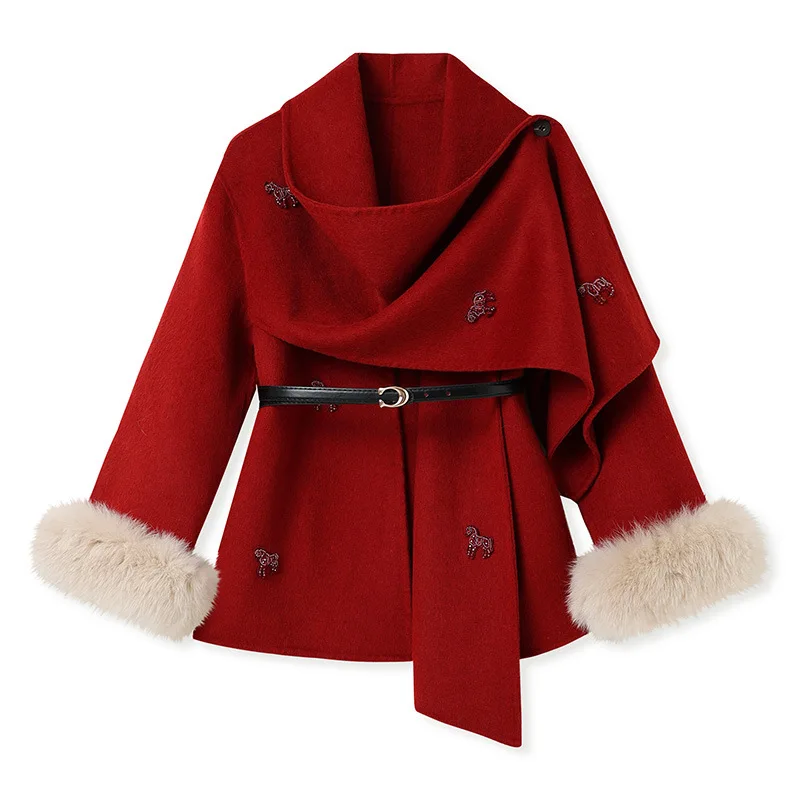 Fashionable Winter Pony Embroidered Red Wool Coat with Slimming Cuffs and Fluffy Design for Women Double-sided Woolen Coat