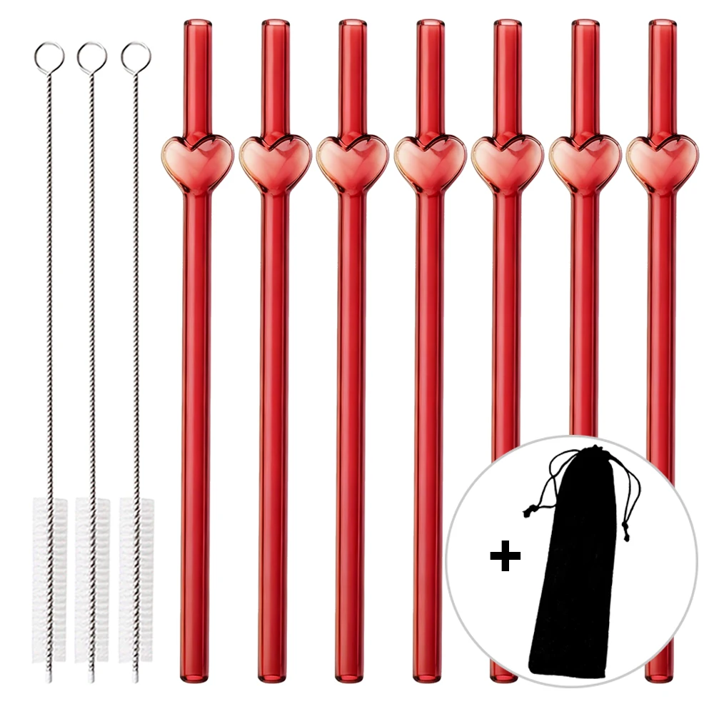 Pajitas de vidrio reutilizables de 8mm, pajitas lindas con forma de corazón, resistentes al calor, para festivales, fiestas, bodas, bar de cócteles, playa, 11 Uds.