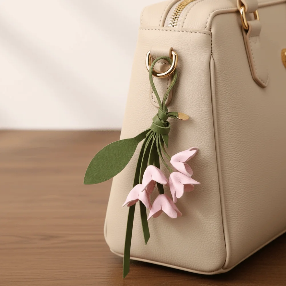 Schöner Blumen-Anhänger aus PU-Leder, handgefertigter Leder-Schlüsselanhänger, modischer Cartoon-Taschenanhänger für Herren – Detail 8