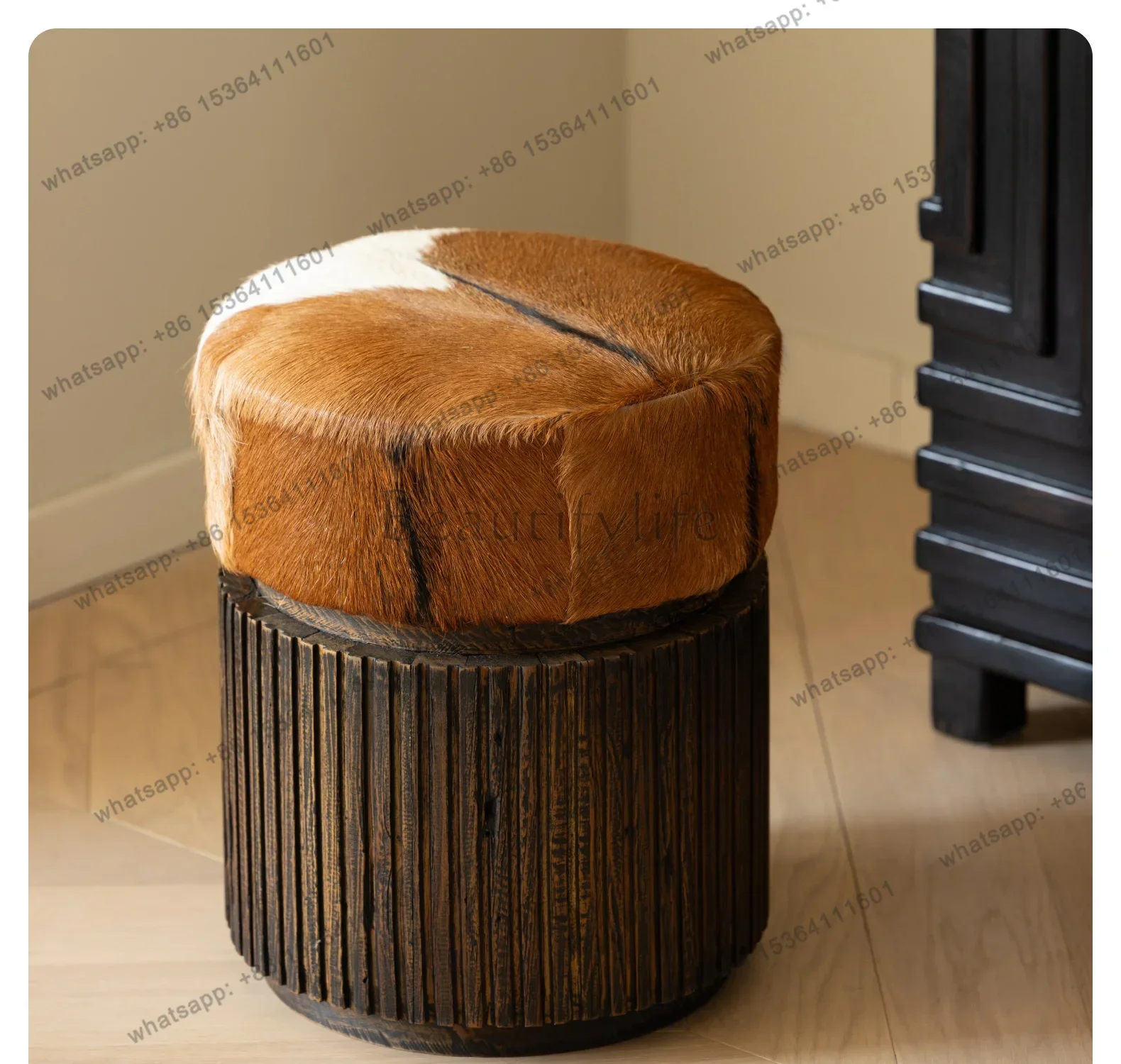 Medieval round wool teak pier tea art study dining stool living room single stool