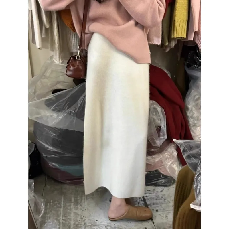 

Женская вязаная юбка-миди, зимняя шерстяная утолщенная длинная юбка с прямыми штанинами