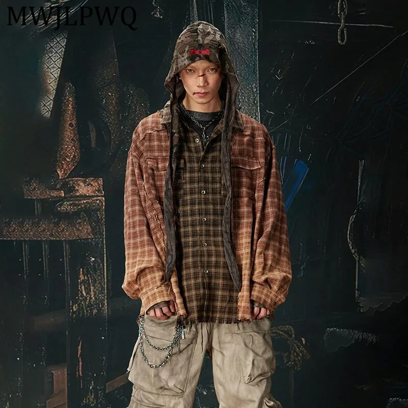 

MWJLPWQ Men's New Niche Deconstructed Patchwork Destroyed Plaid Shirt Turn-Down Collar Loose For Men And Women Spring Tops 13458