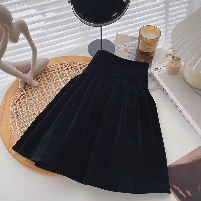 Girls Autumn and Winter New Korean Small Fragrant Style High Waisted Pleated Skirt Children Black Velvet Skirt Umbrella Skirt