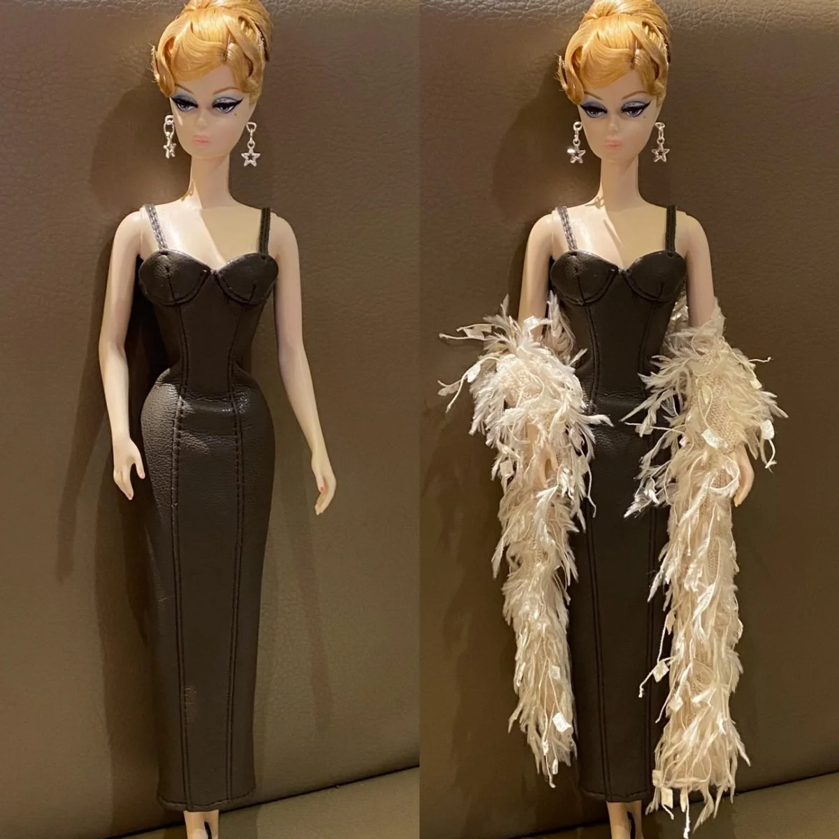 

Handmade 1/6 Classic Coffee Leather Golden Zipper Slim Suspender Dress Fluffy Shawl Set Fit IT PP FR2 ST Supermodel Body