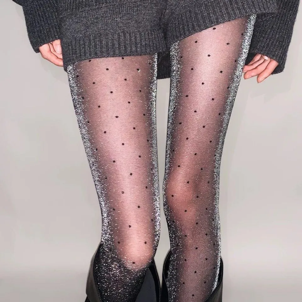 Super Bright Silver Thread Polka Dot Pantyhose Thin Sheer JK Tights Luxury Unique Women Autumn Winter Base Layer Black Hosiery