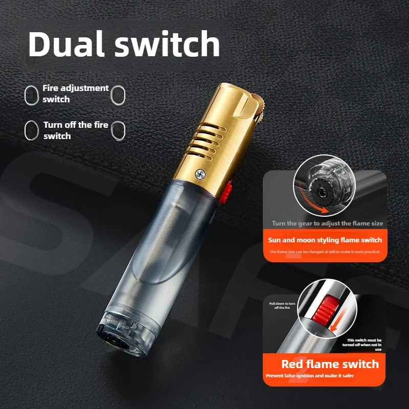 Dual Switch Transparent Window Windproof Jet Blue Flame Butane Gas Torch Lighter Grinding Wheel Ignition Portable Cigar Lighters